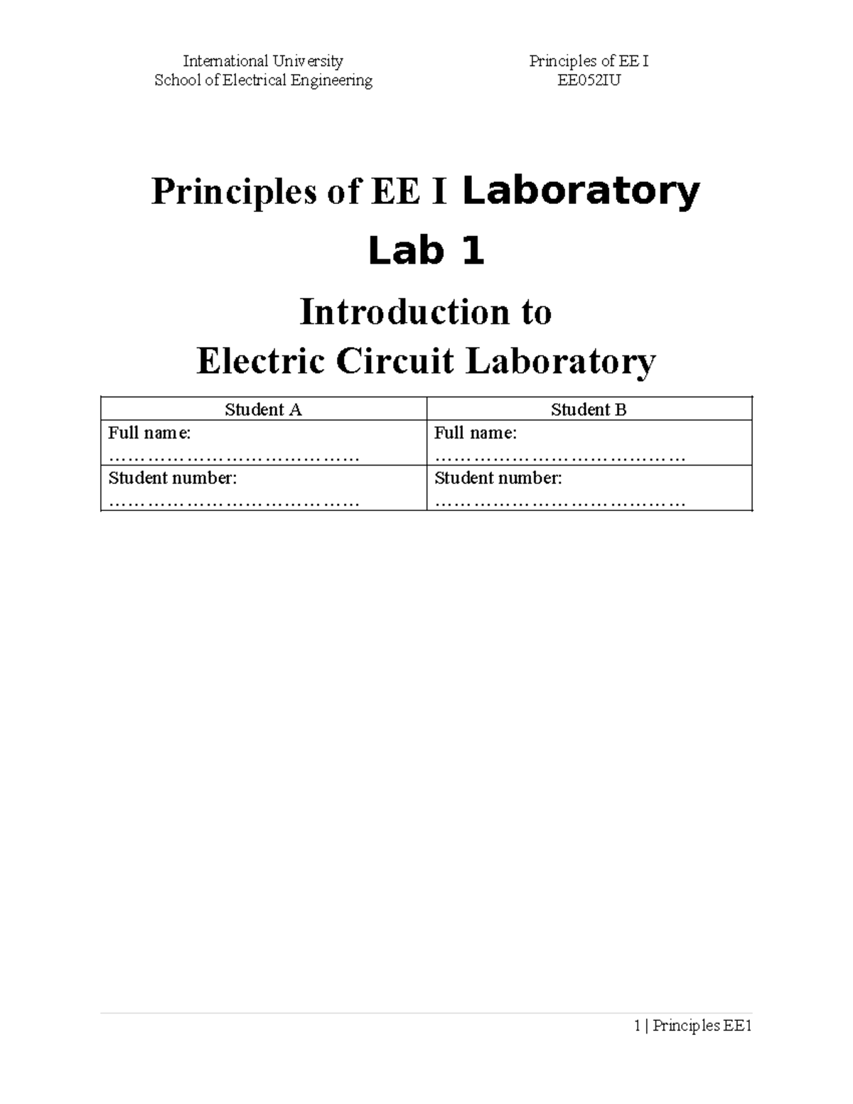 EE052IU Principles of EE I Lab 1: Introduction to Electric Circuits ...