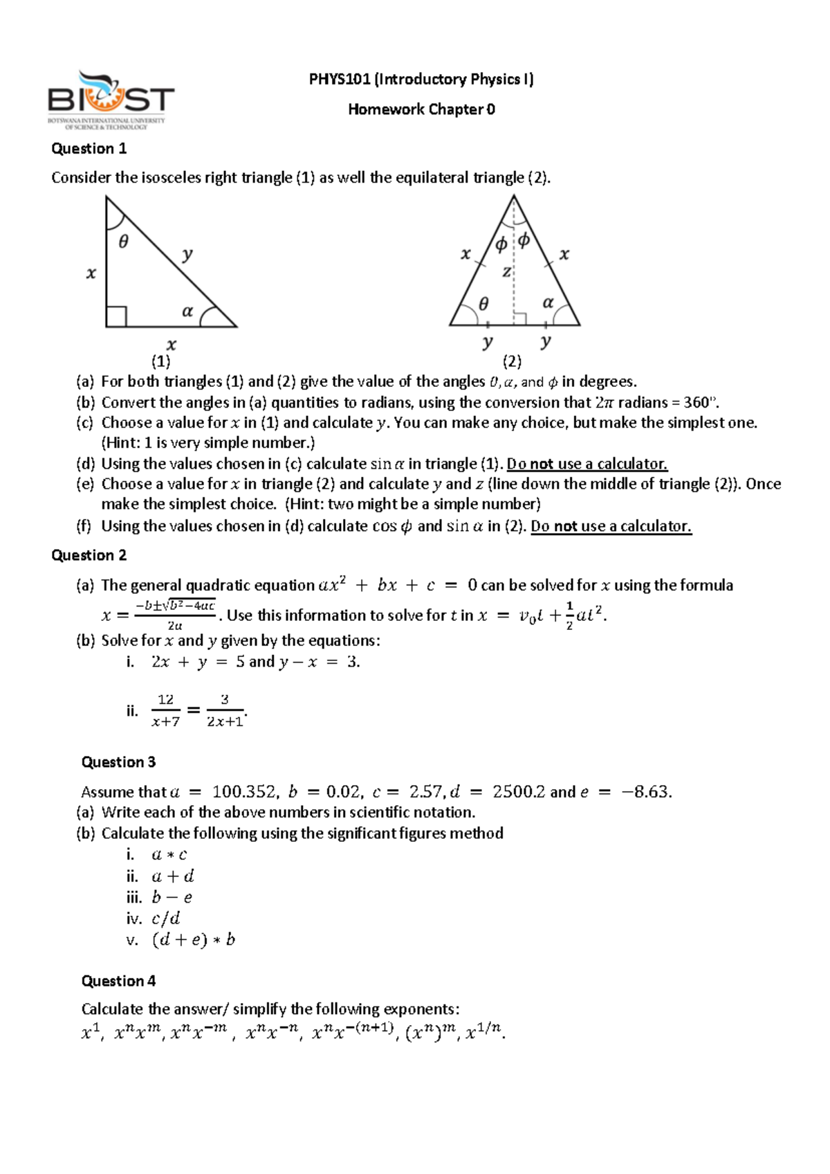 PHYS101 Homework: Chapter 0 Math Revision and Triangle Problems - Studocu
