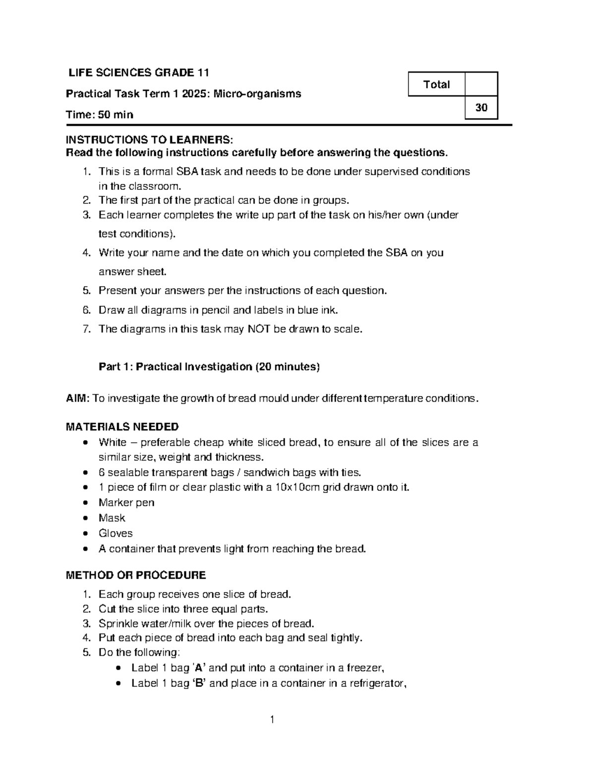 Grade 11 Life Sciences Term 1 Practical Task: Micro-organism Study ...
