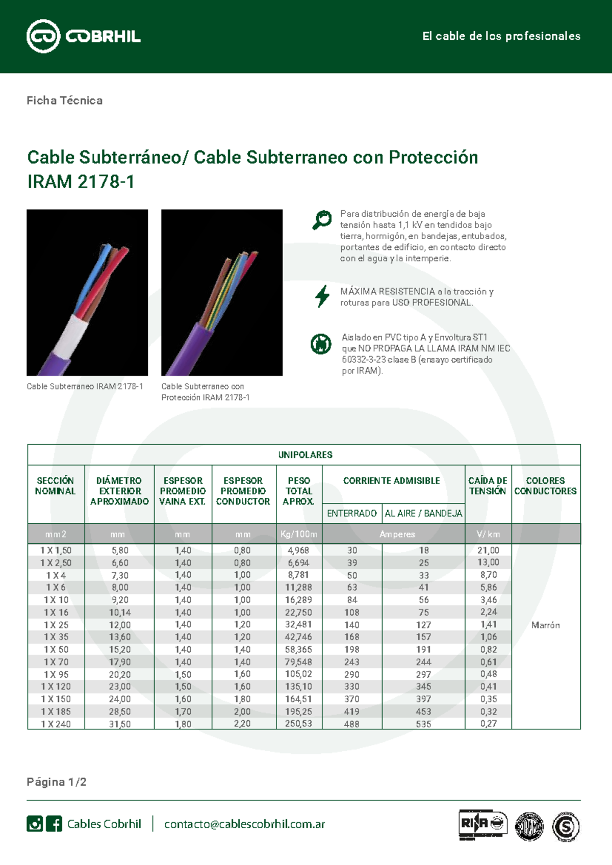 Ficha Técnica de Cable Subterráneo IRAM 2178-1 para Uso Profesional ...
