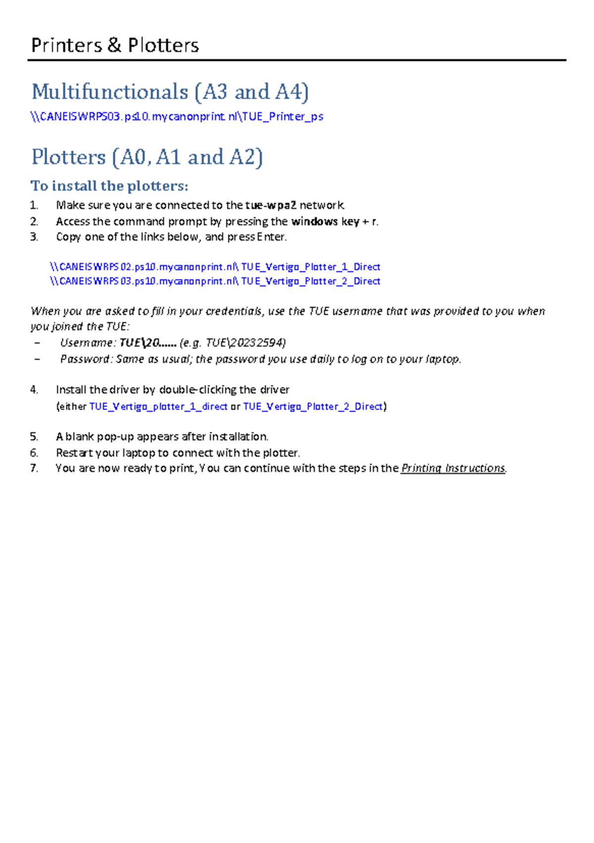 TUE Plotter Installation & Printing Instructions (A0, A1, A2) - Studeersnel