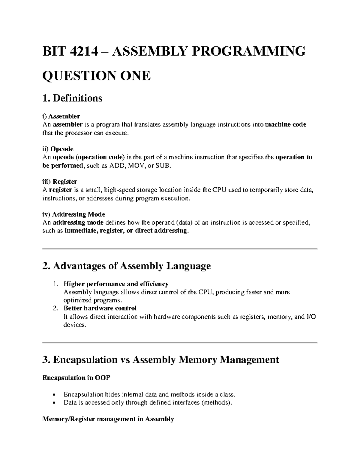 BIT 4214 ASSEMBLY PROGRAMMING CAT 1: Key Concepts & Examples - Studocu