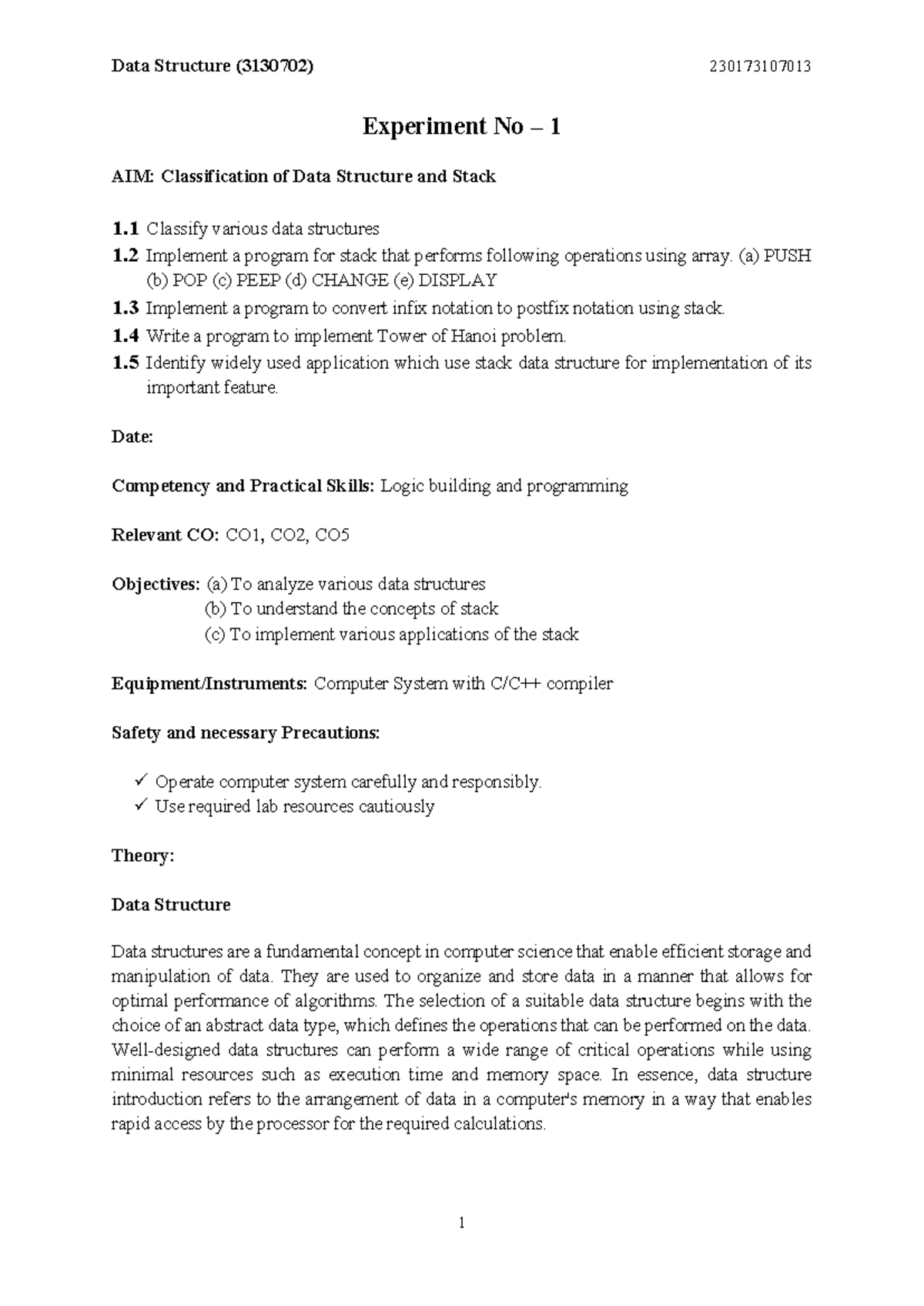 Data Structure (3130702) 230173107013 Experiment 1: Stack Operations ...