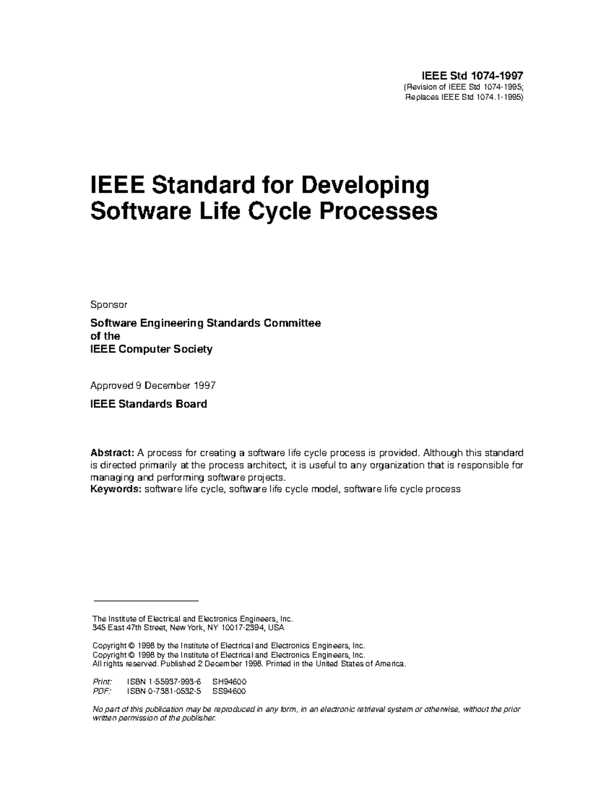 IEEE Std 1074-1997: Standard for Software Life Cycle Processes - Studocu