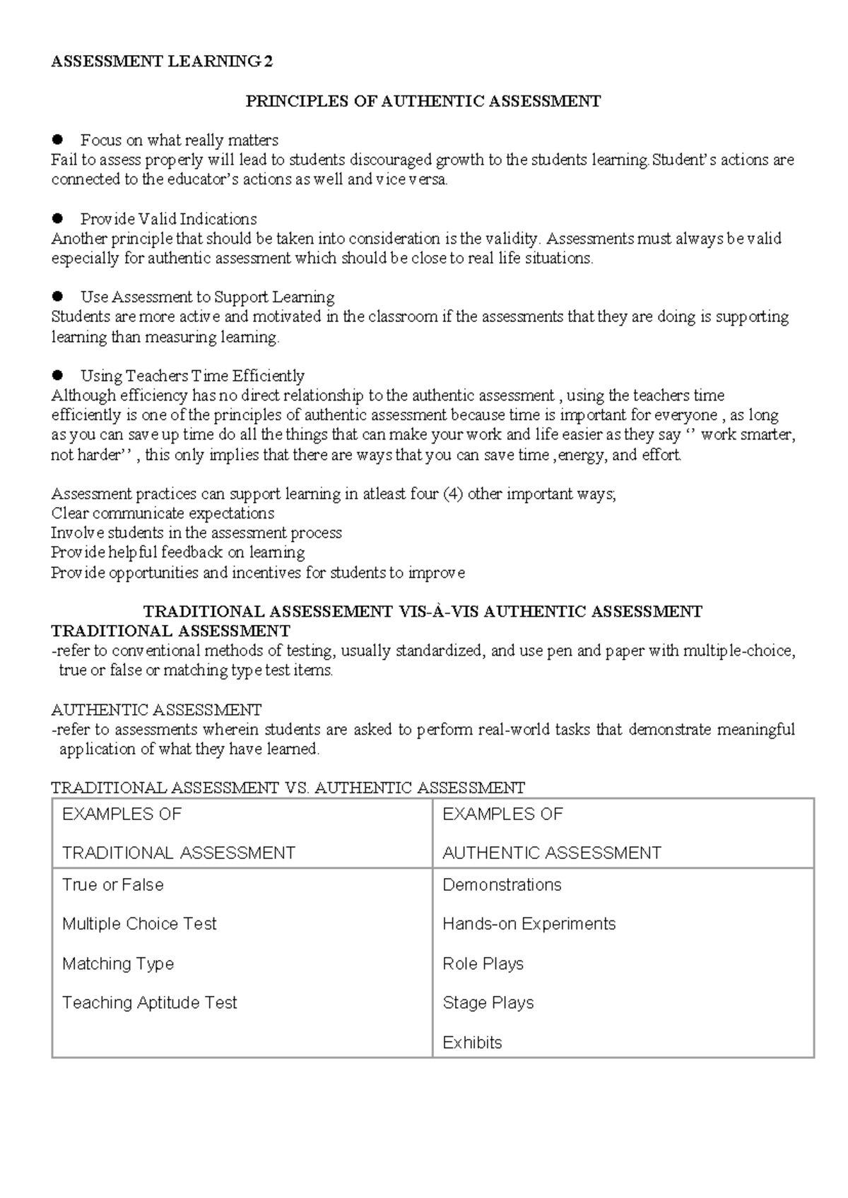 Assessment Learning 2: Principles of Authentic vs. Traditional ...
