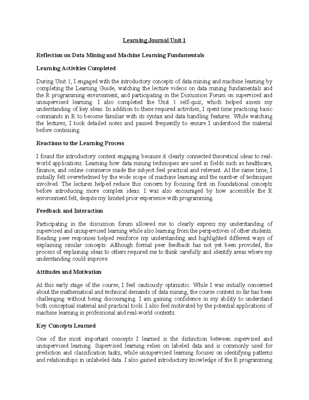 Learning Journal Unit 1: Reflection on Data Mining & ML Fundamentals ...