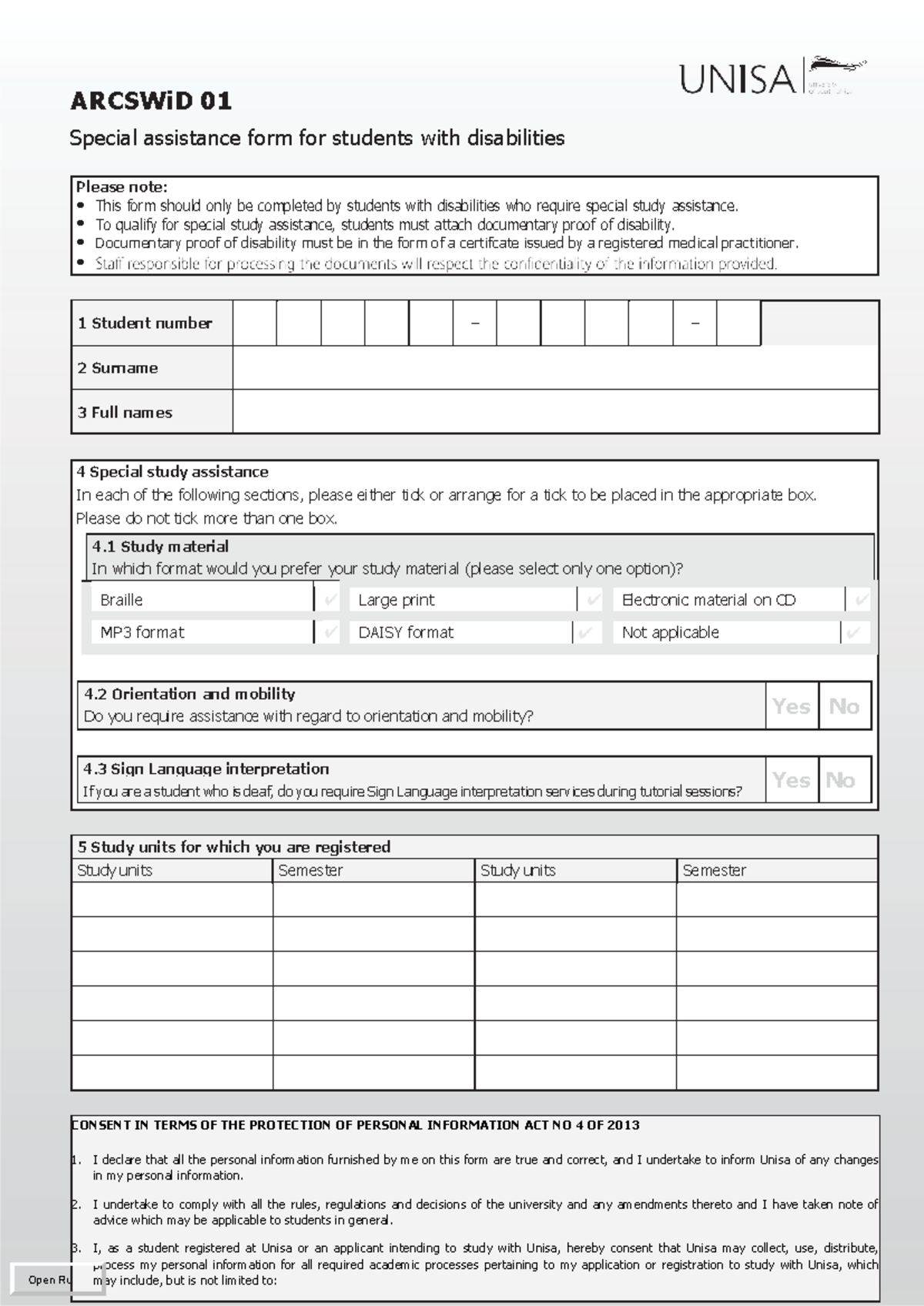 ARCSWiD 01 Special Assistance Form for Students with Disabilities - Studocu
