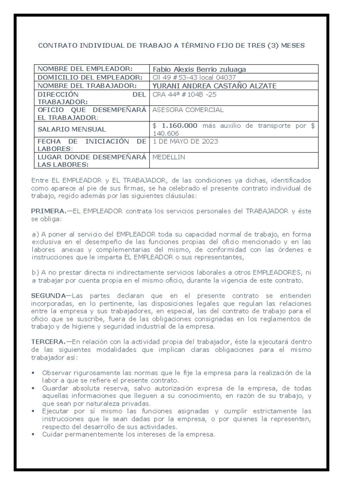 Contrato de Trabajo Asesora Comercial (FIJO 3 Meses) - Document Preview