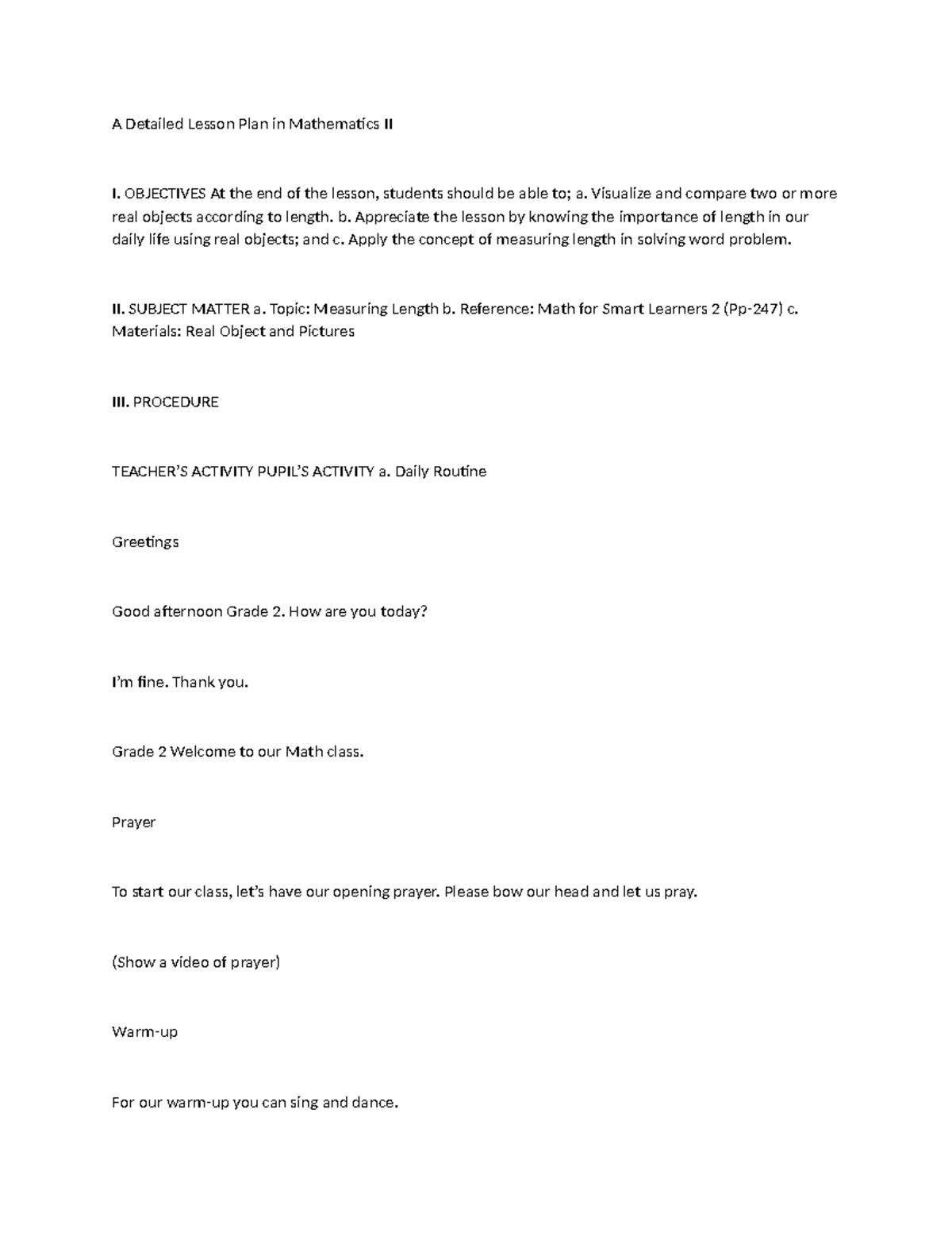 A Detailed Lesson Plan in Mathematics II - OBJECTIVES At the end of the ...