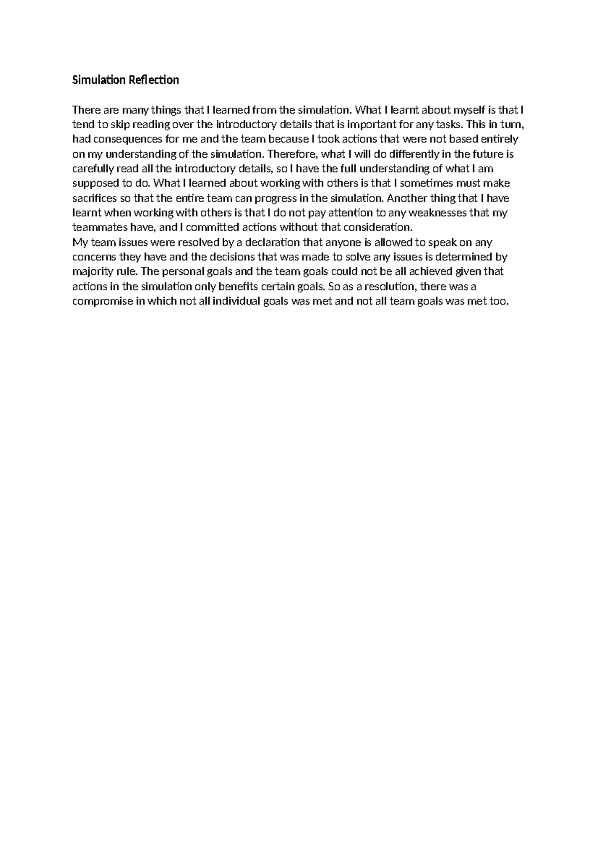 Simulation Reflection Insights and Learning Outcomes - Studocu