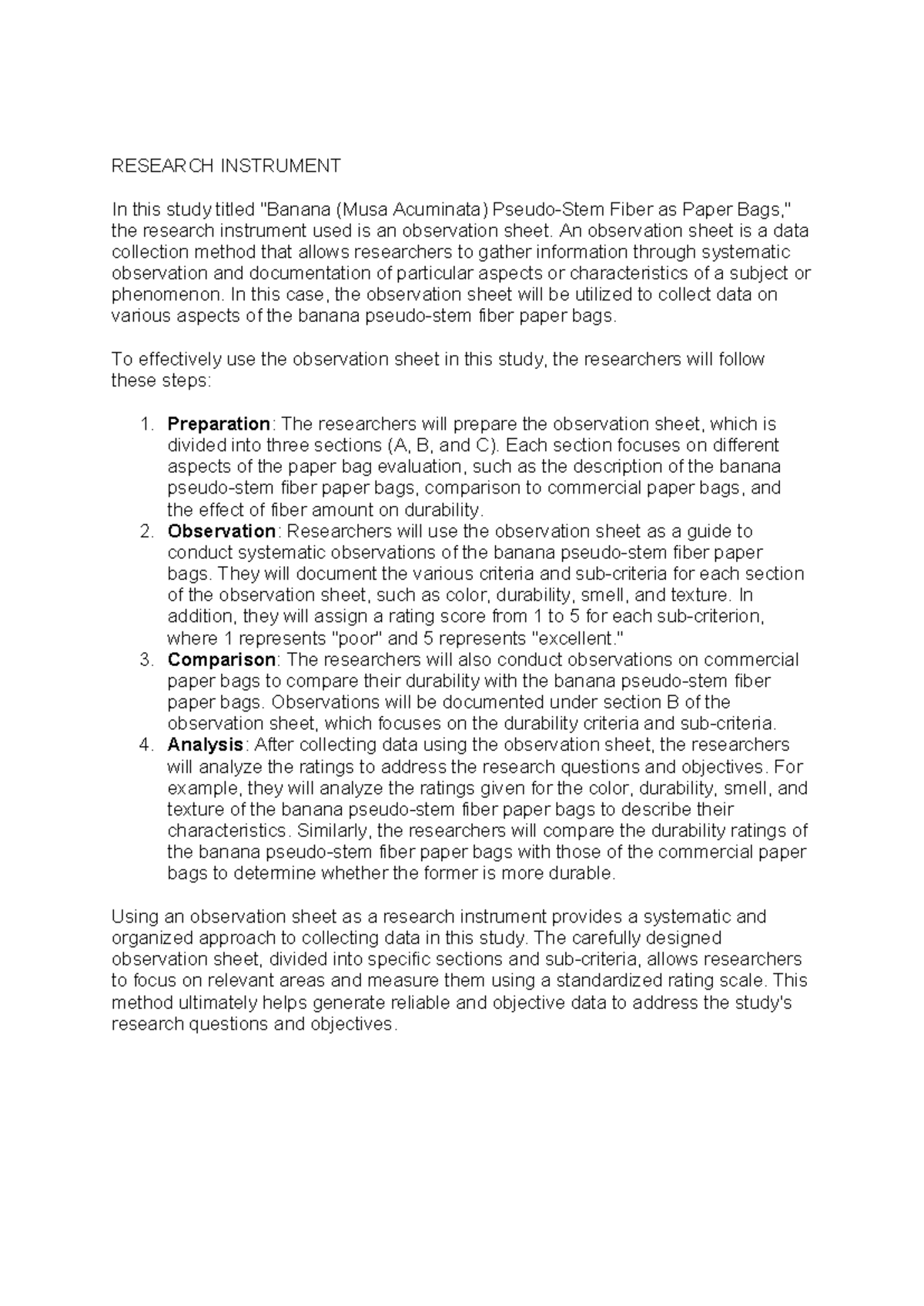 Research Instrument: Observational Sheet for Musa Acuminata Paper Bags ...