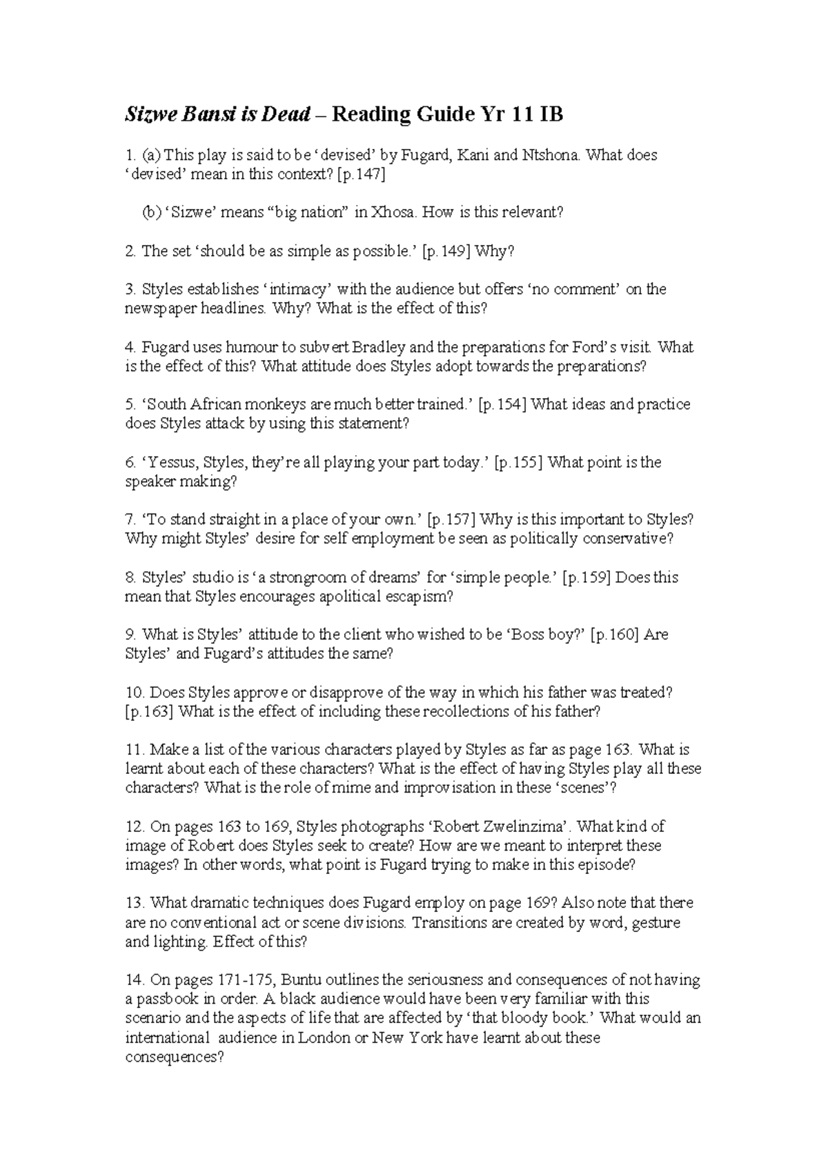 Sizwe Bansi is Dead: Year 11 IB Reading Guide & Analysis - Studocu