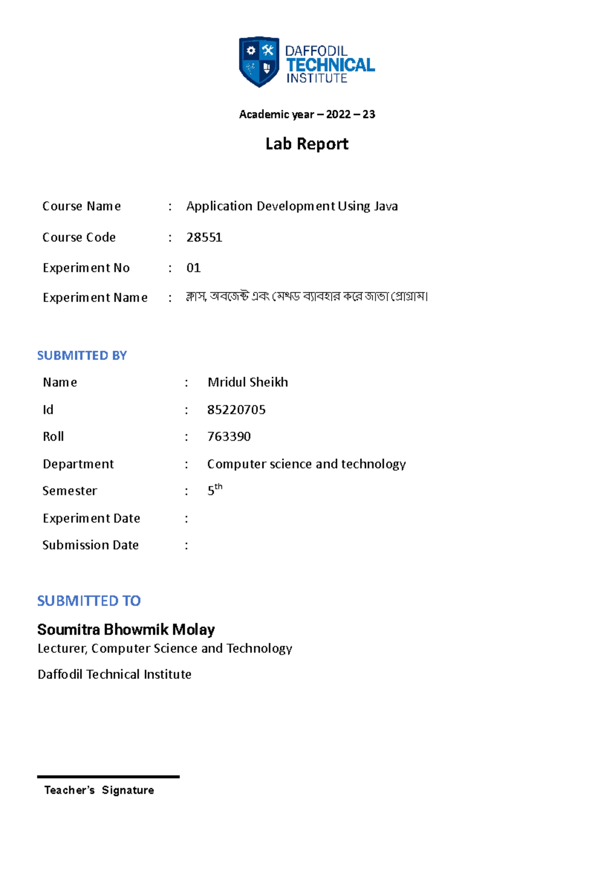 Lab Report for Application Development Using Java (Course Code: 28551 ...