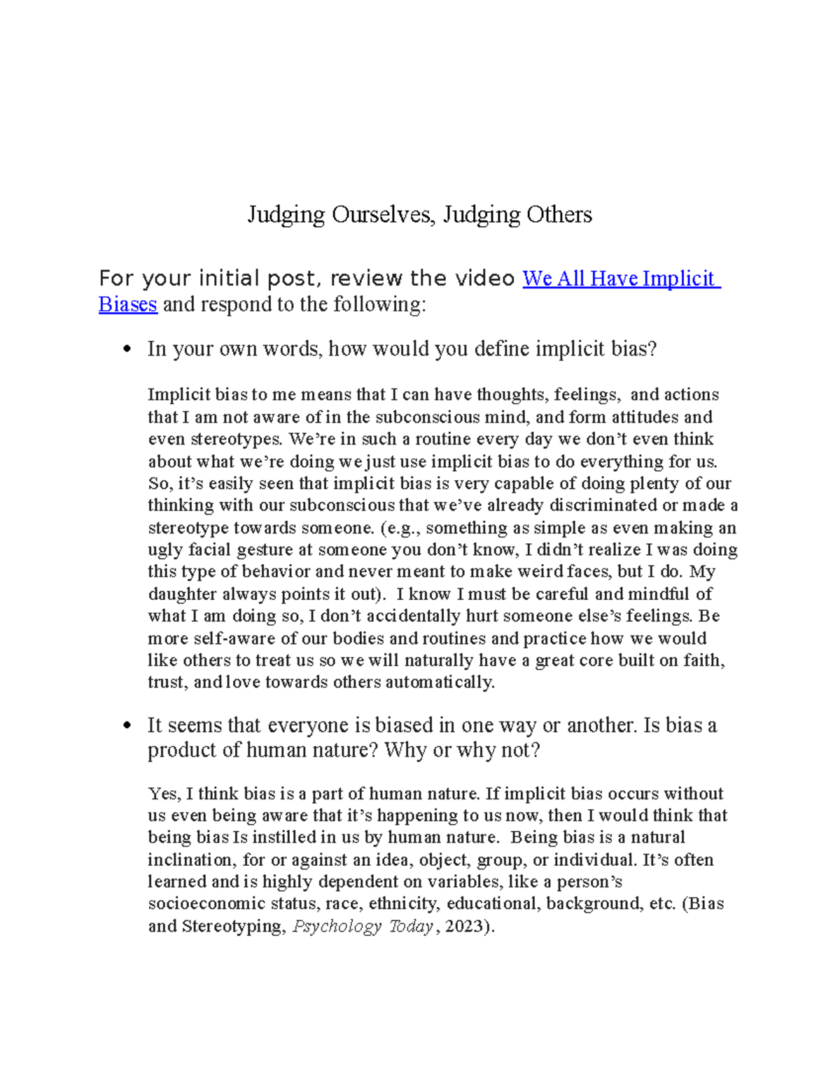 PSY 355 Discussion Week 3 Juding oturselves Judging Others - Judging ...