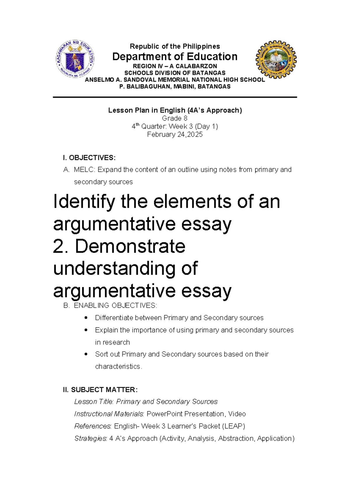 Grade 8 English Lesson Plan: Primary & Secondary Sources (Week 3) - Studocu