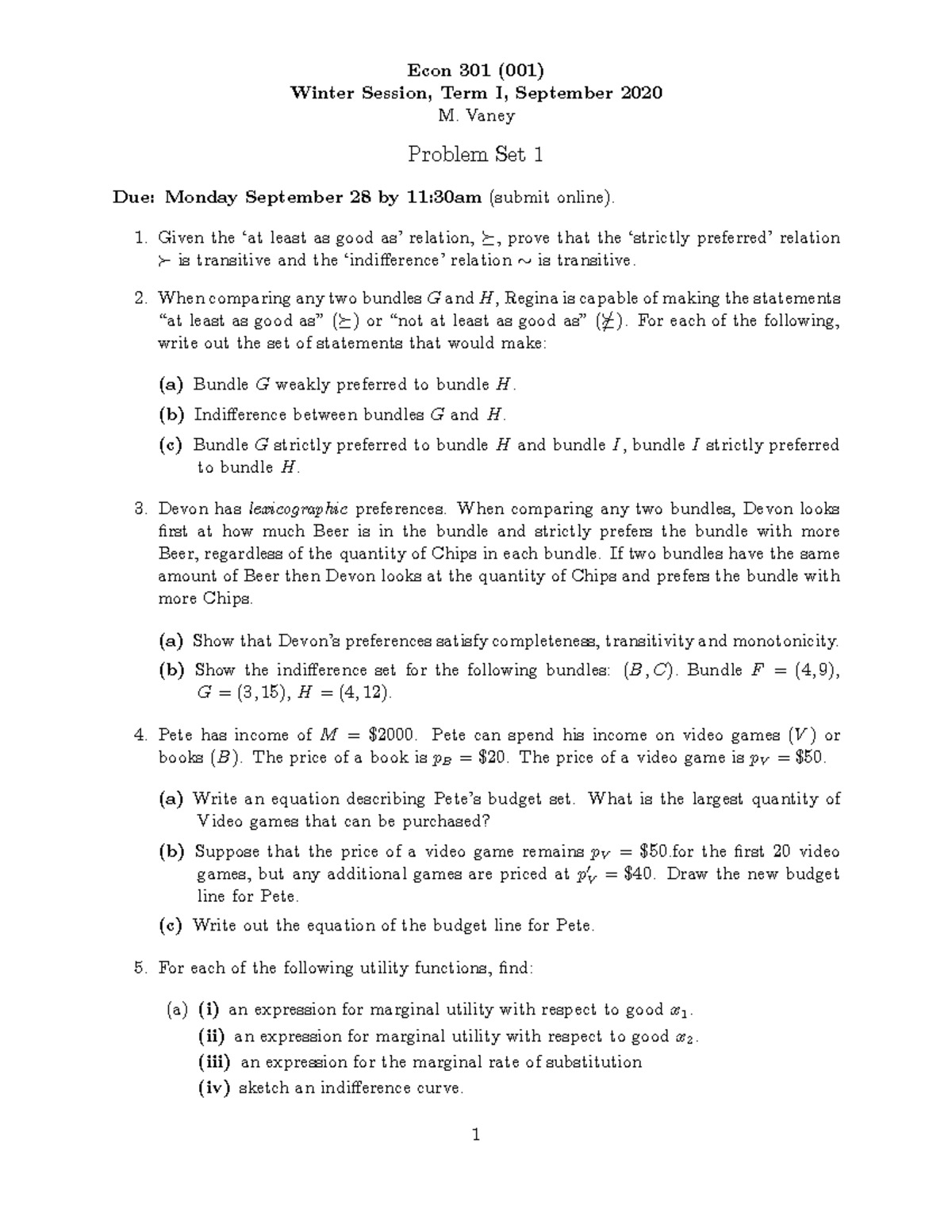 Econ 301 - Winter Term 1 - Problem Set 1 - Econ 301 (001) Winter ...