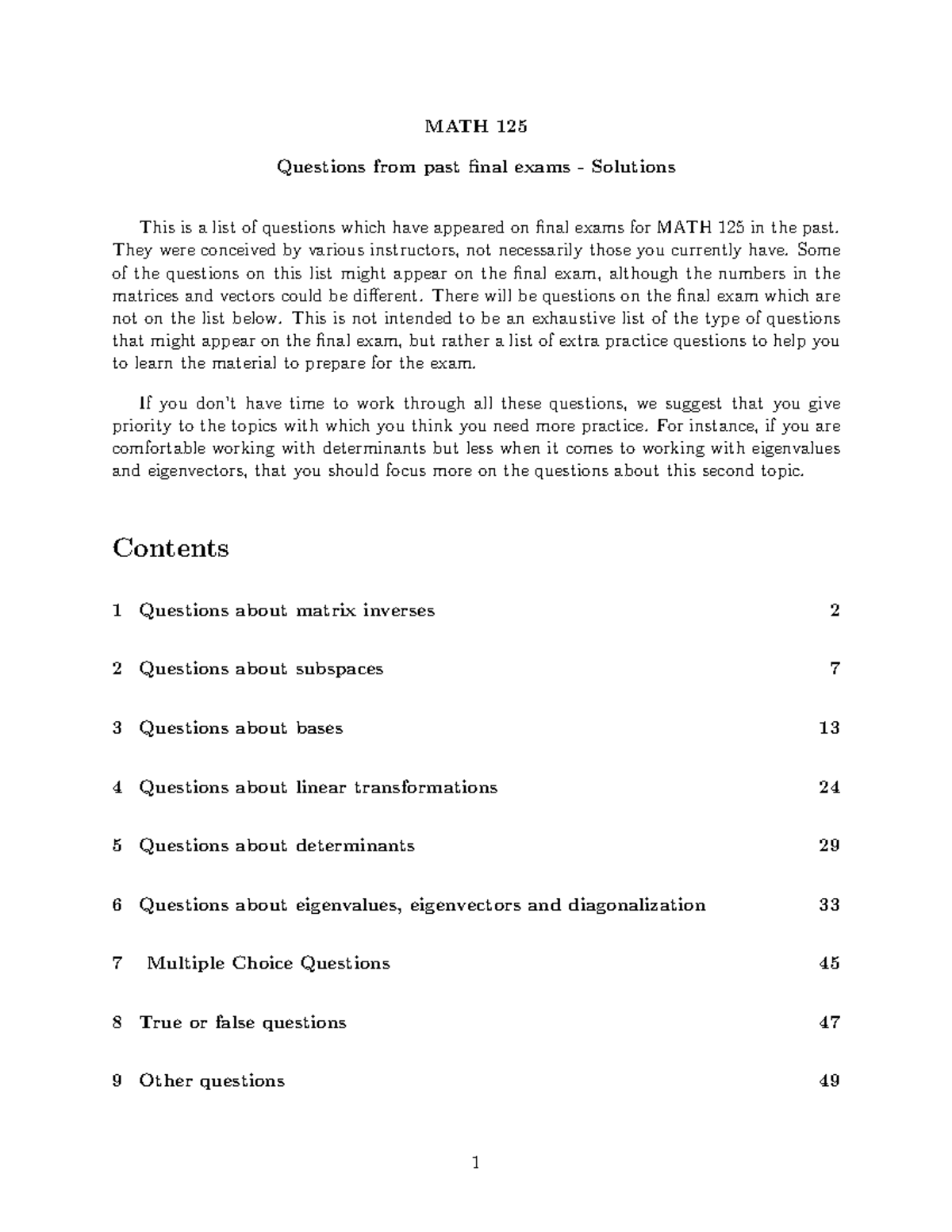 MATH 125 Final Exam Practice Questions and Solutions - Studocu