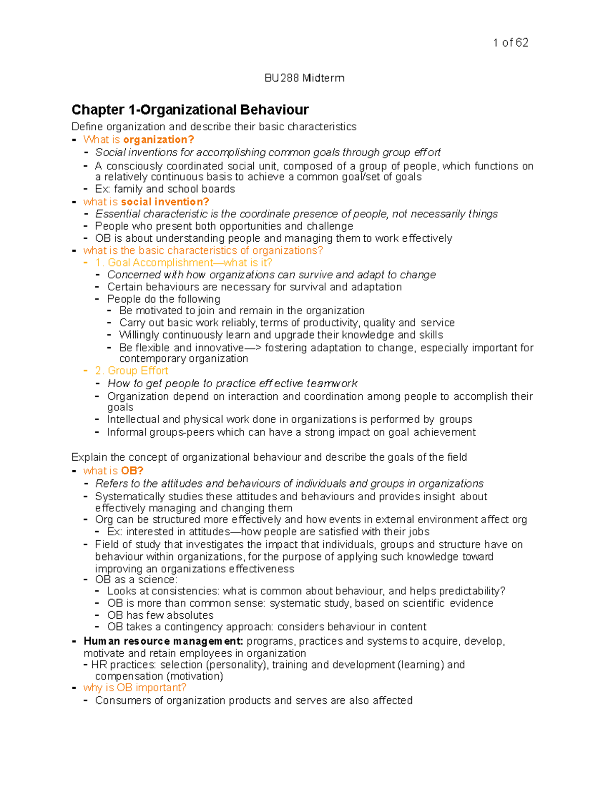 BU288 Midterm Exam Study Guide: Organizational Behaviour Insights - Studocu