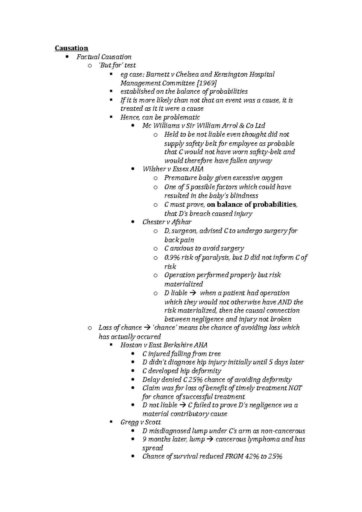 Tort - key cases on Causation - Causation Factual Causation o ‘But for ...