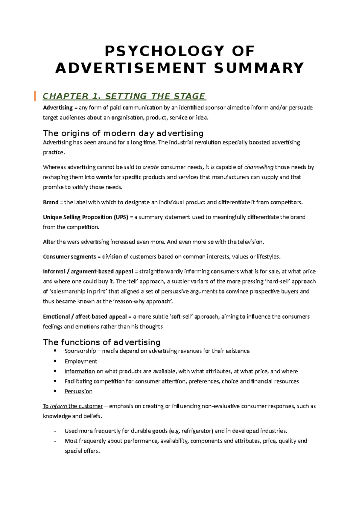 Psychology 1 - Summary of Advertising Influence on Consumer Behavior ...