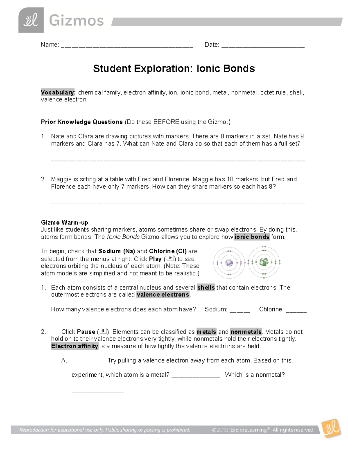 Ionic Bonds Student Exploration Answer Sheet - SE Code - Studocu