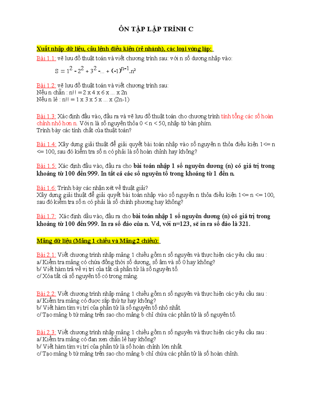 [2024] Bai tap on tap Lap trinh C (1) 2 - ÔN TẬP LẬP TRÌNH C Xuất nhập ...