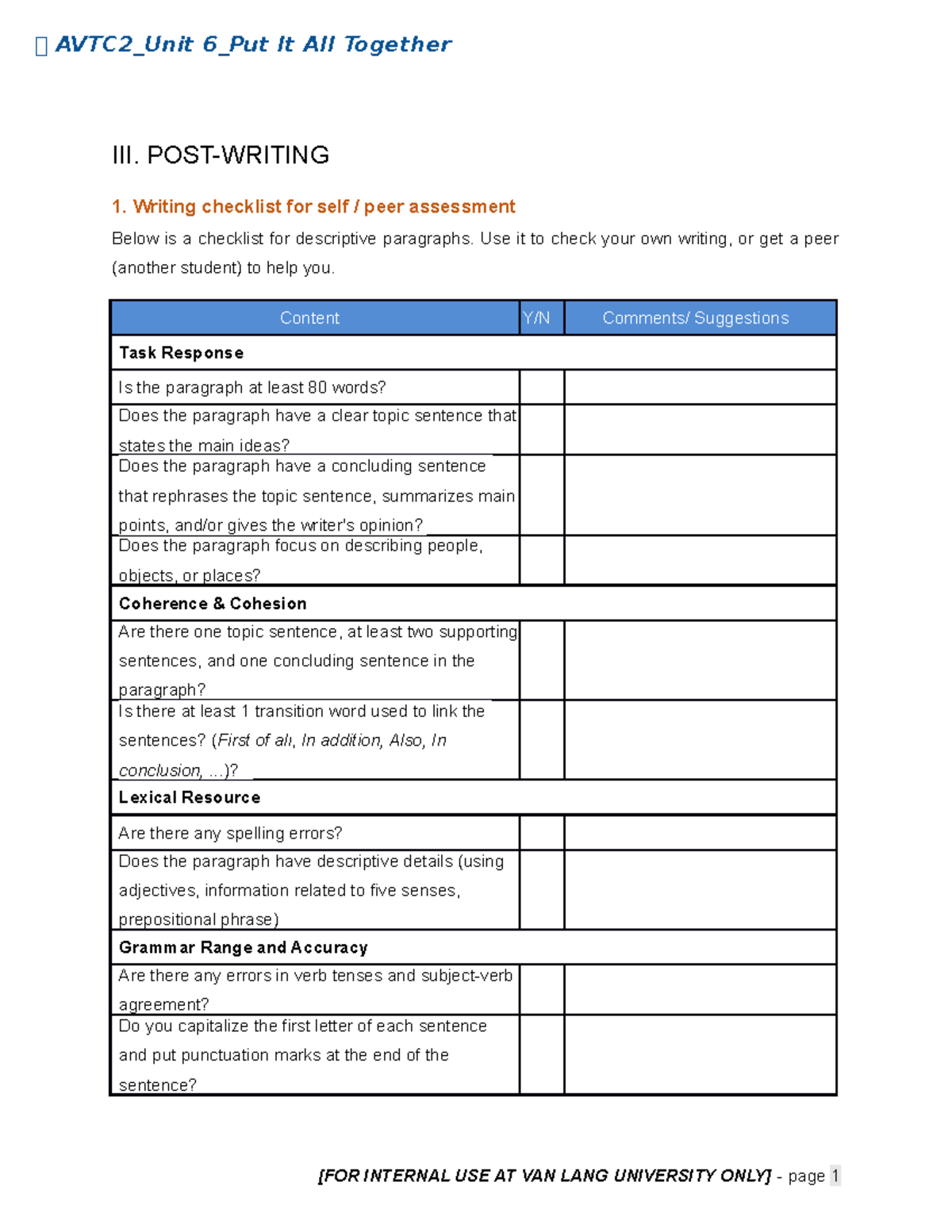 AVTC2 - Unit 6 - Writing Checklist & Practice Topics for After Class ...