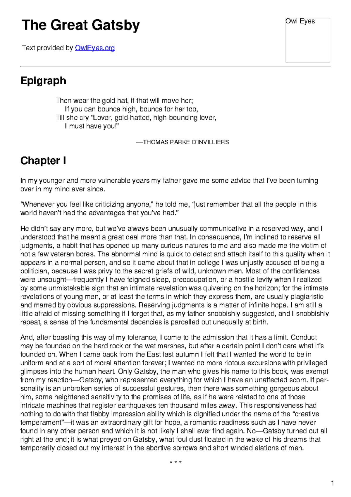 The Great Gatsby (ENG 101) - Chapter 1 Summary and Analysis - Studocu