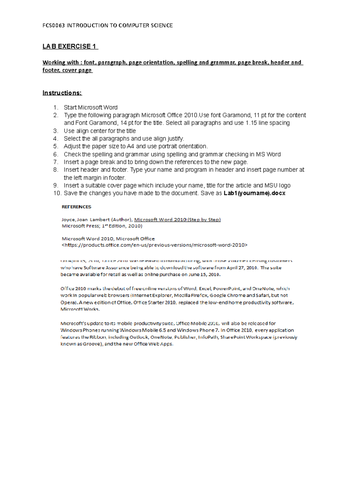 FCS0063 Lab Exercise 1: MS Word Formatting Techniques - Studocu