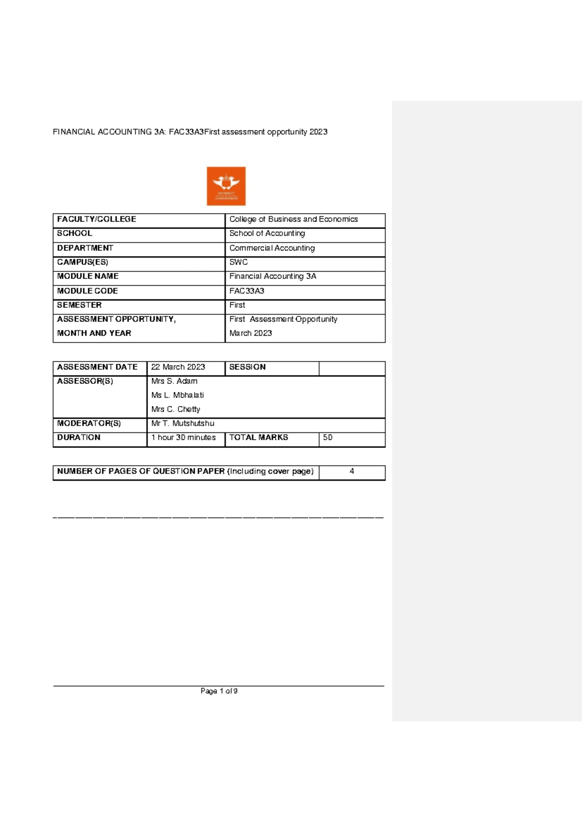 FAC33A Financial Accounting 3A Main Exam Updated Memo - June 2022 - Studocu