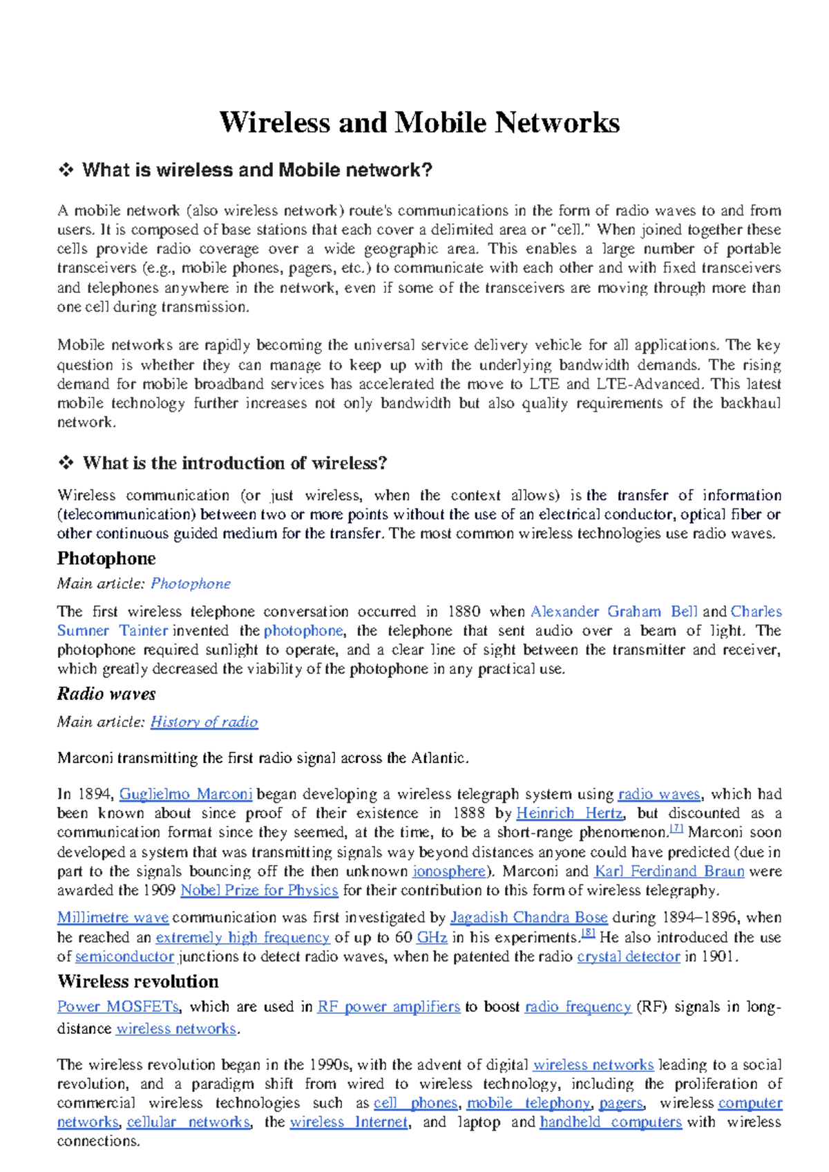 Wireless and Mobile Networks: An Overview of Technologies and ...