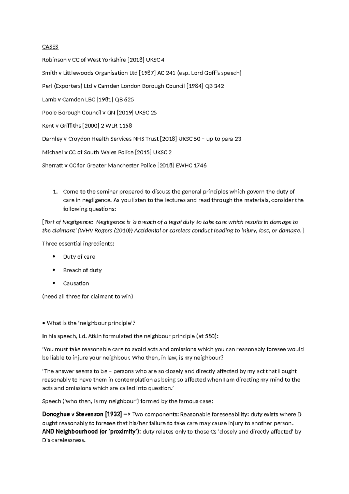 Seminar 1: Duty of Care in Negligence - Key Cases & Principles - Studocu
