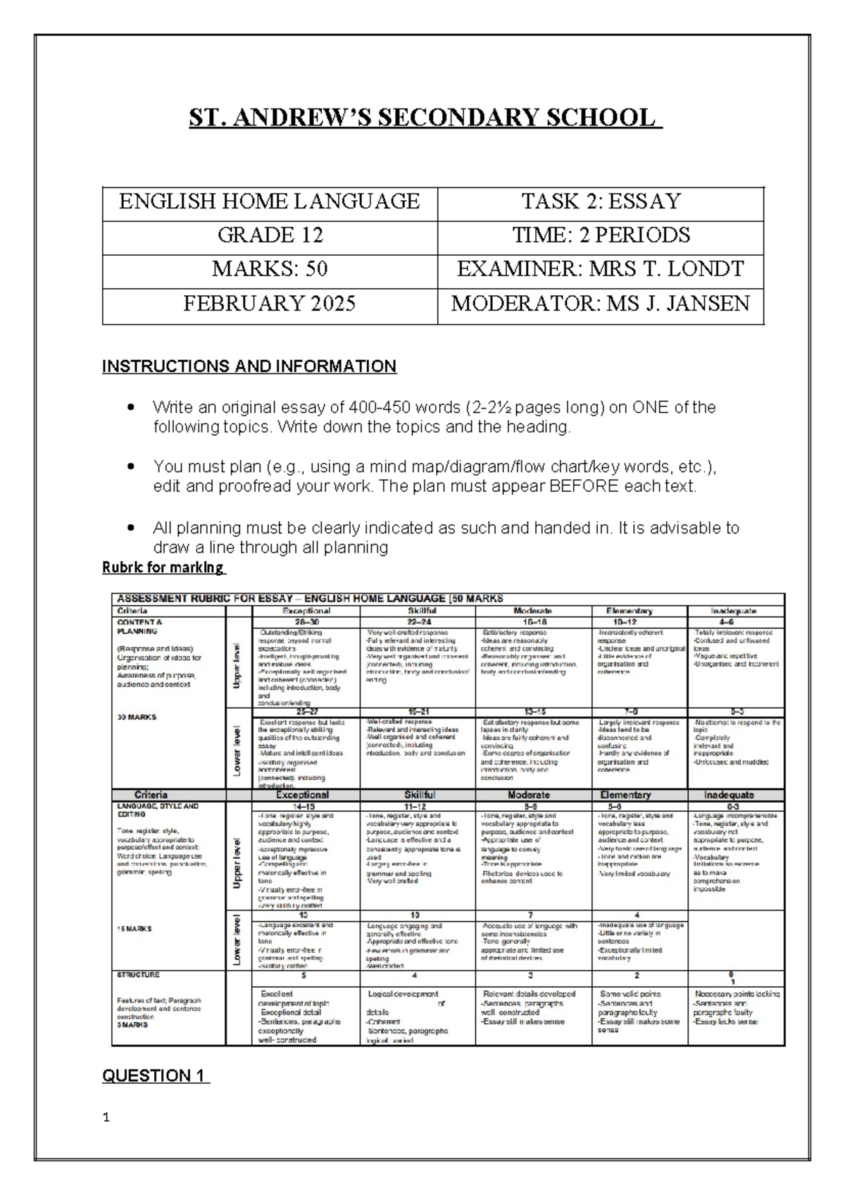 Grade 12 HL Task 2 Essay Instructions & Topics (Feb 2025) - Studocu