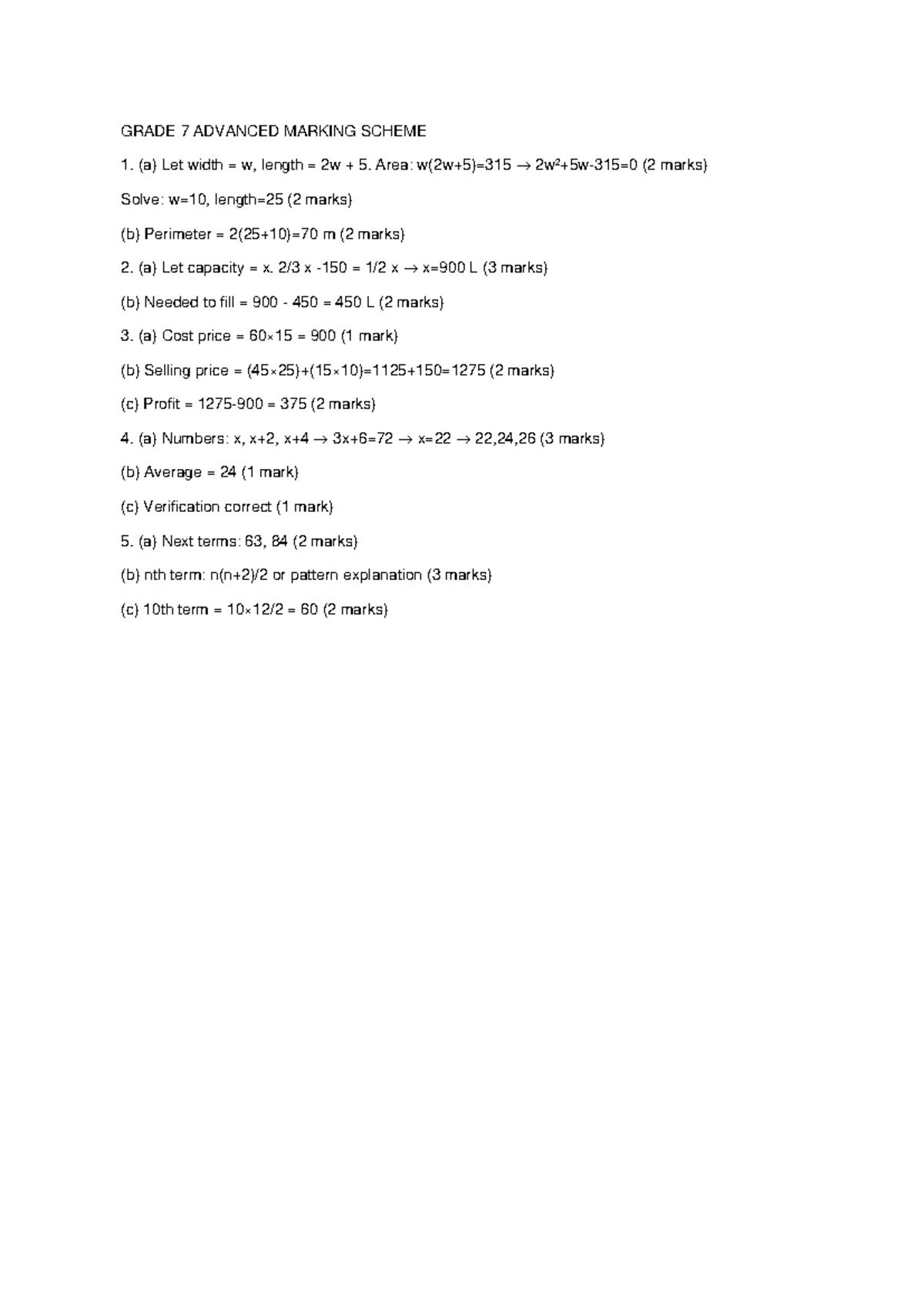 GRADE 7 ADVANCED MARKING SCHEME: MATH ASSESSMENT DETAILS - Studocu