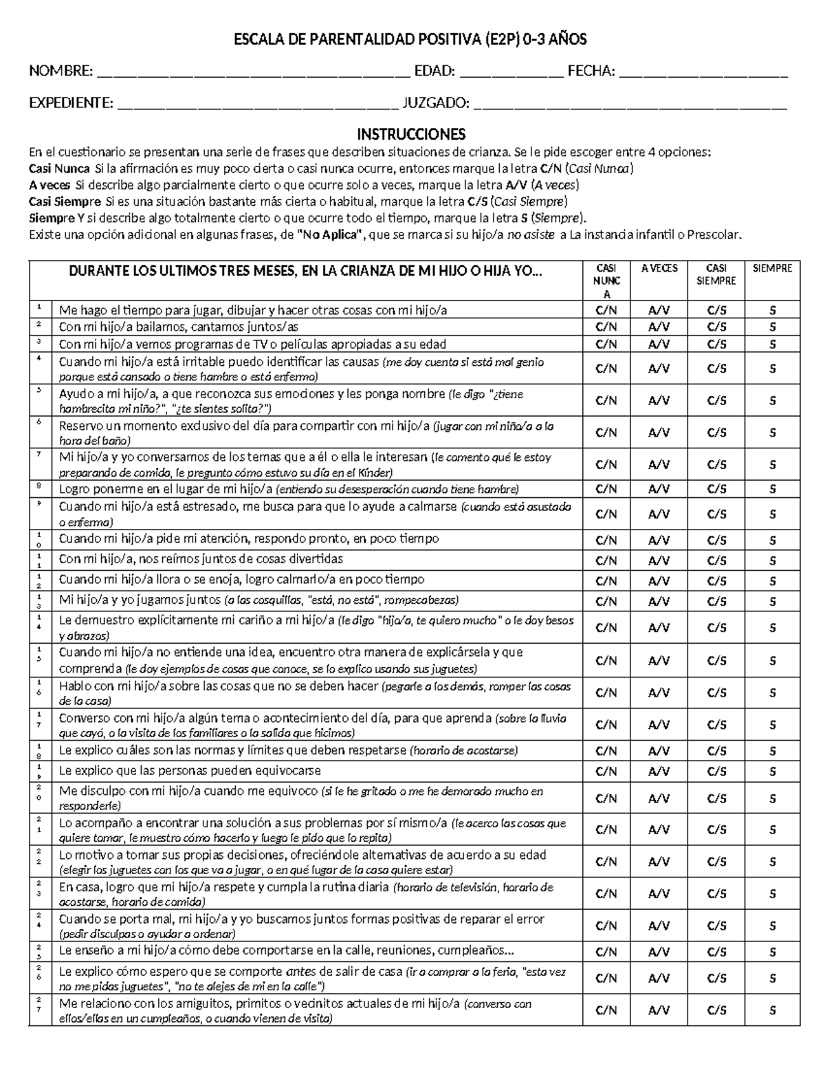 ESCALA DE PARENTALIDAD POSITIVA (E2P) - INSTRUCCIONES Y CUESTIONARIO ...