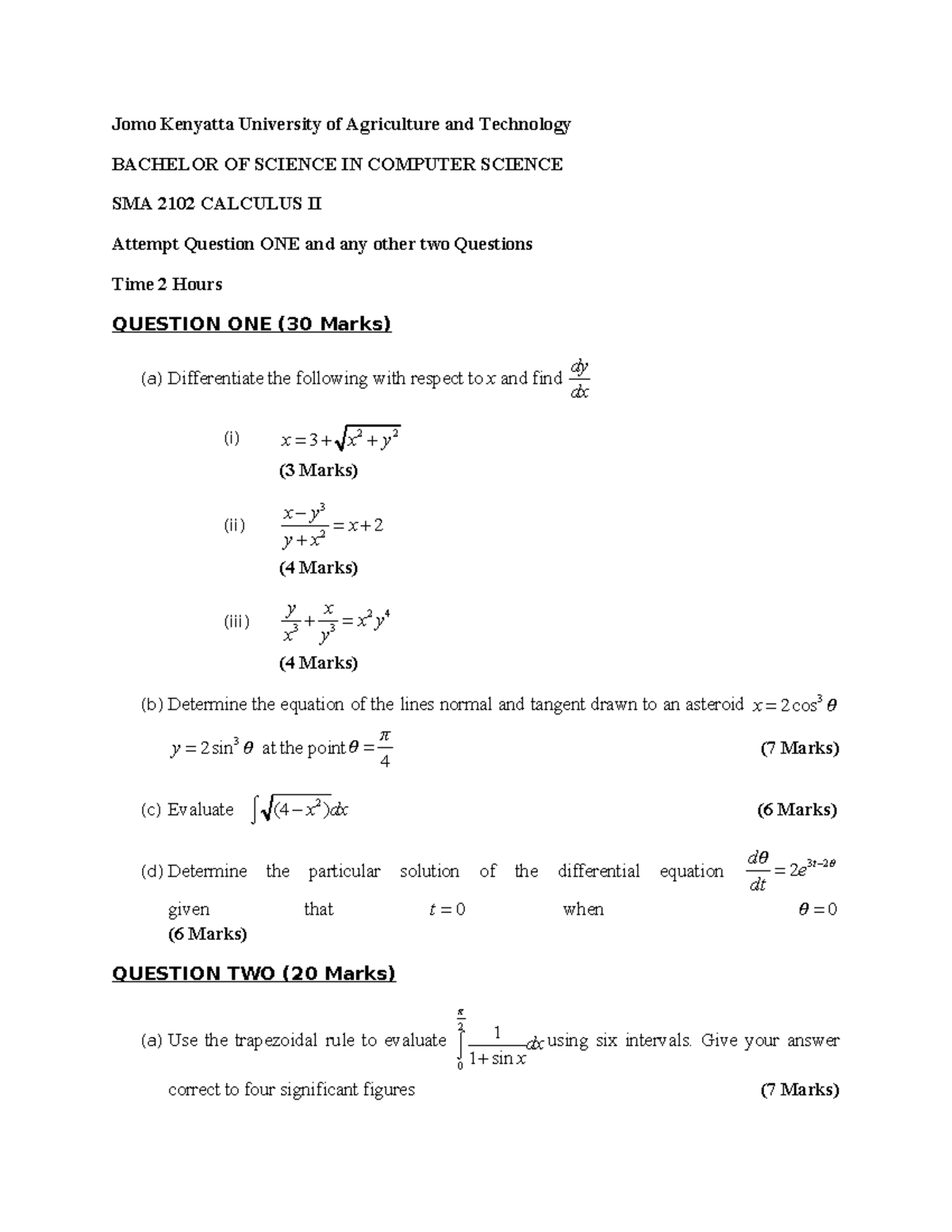 SMA 2102 CALCULUS II Practice Questions and Solutions - Studocu