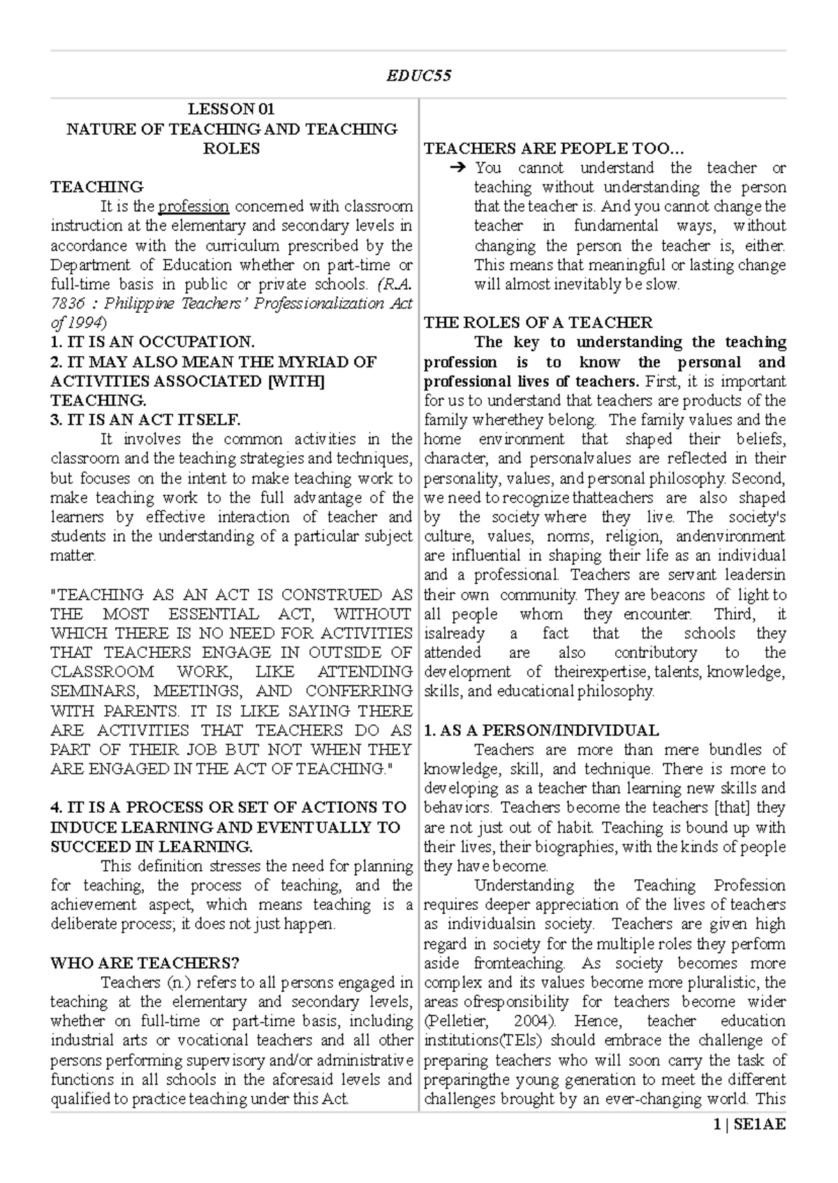 EDUC55-L01 - Understanding the Nature and Roles of Teachers - Studocu