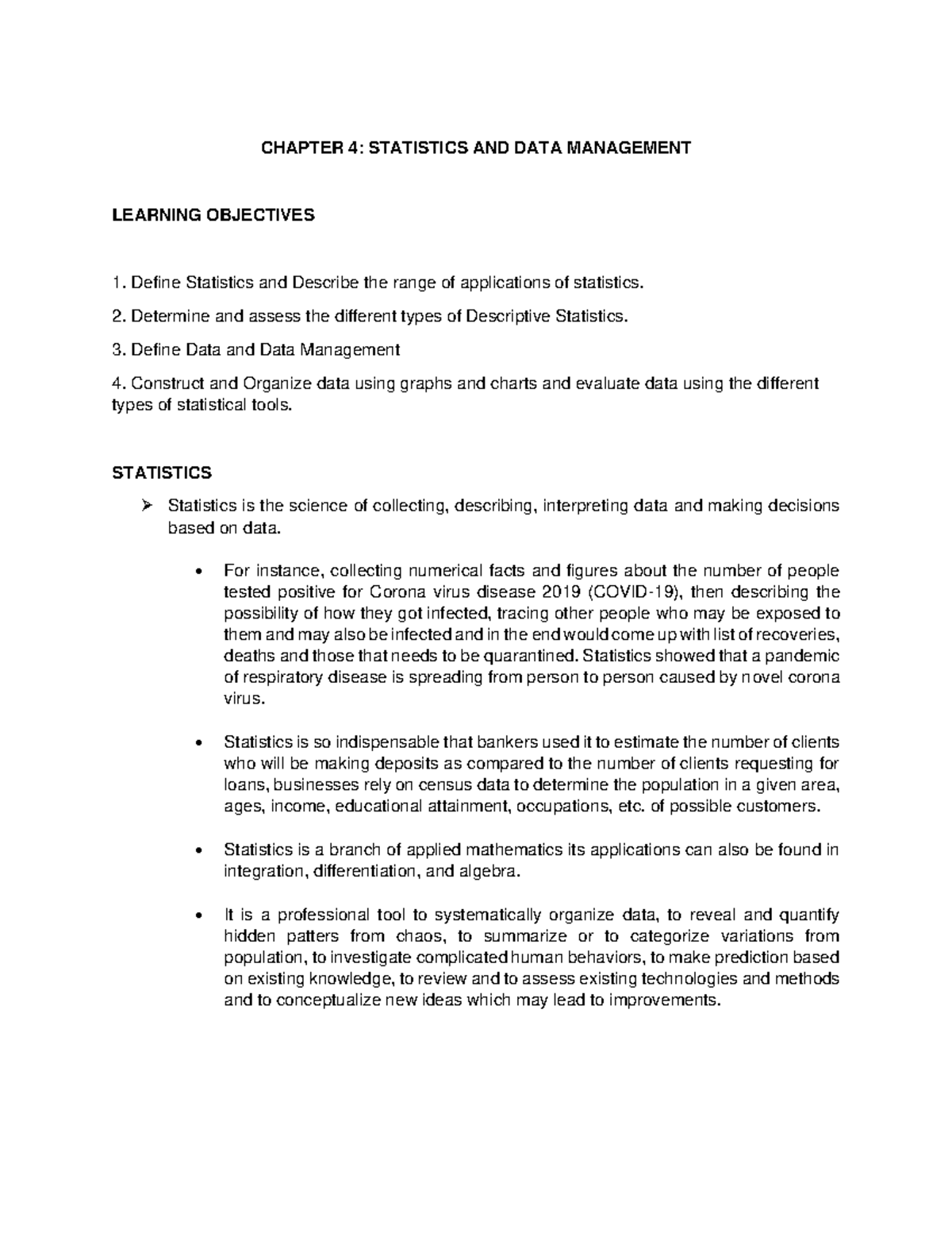 Chapter 4 Statistics - Lecture notes 4 - ####### CHAPTER 4: STATISTICS ...