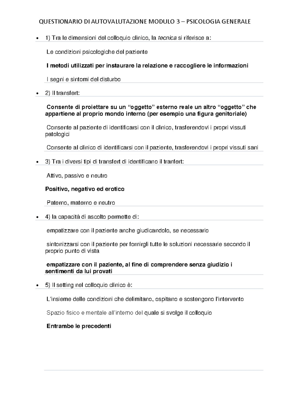 Questionario autovalutazione modulo 3 Psicologia Generale ...