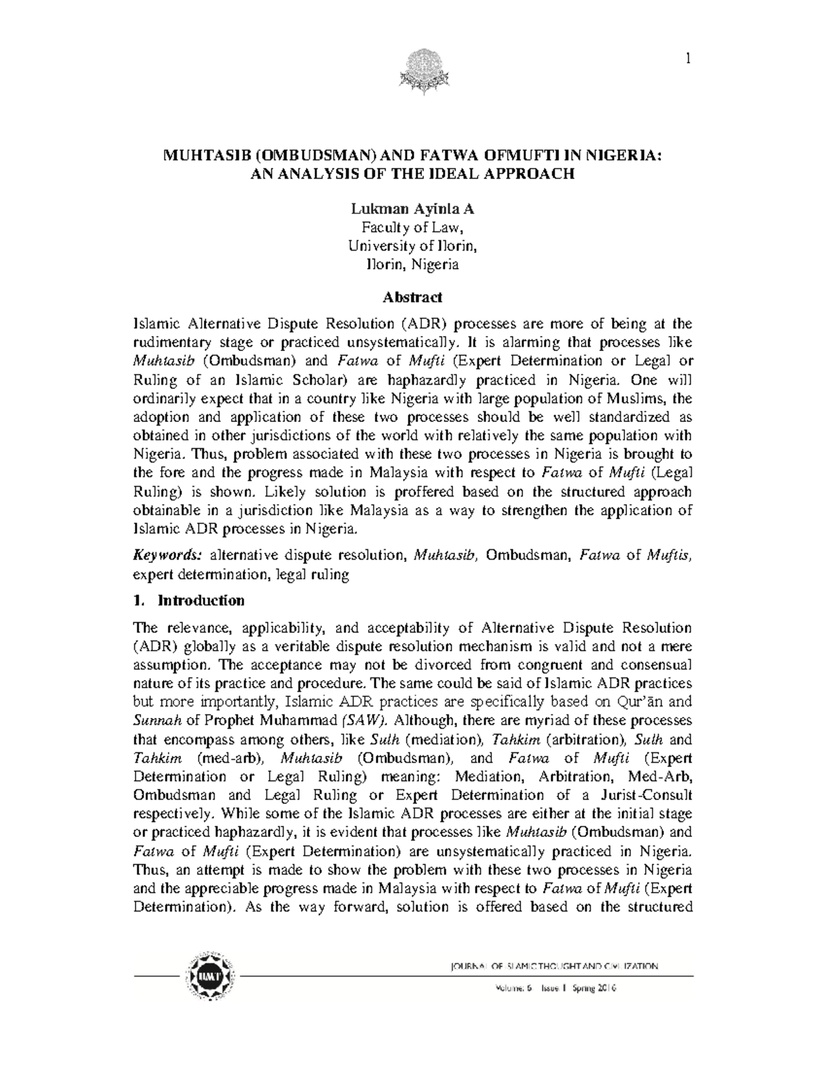 1 MUHTASIB (OMBUDSMAN) AND FATWA OF MUFTI IN NIGERIA: IDEAL APPROACH ...