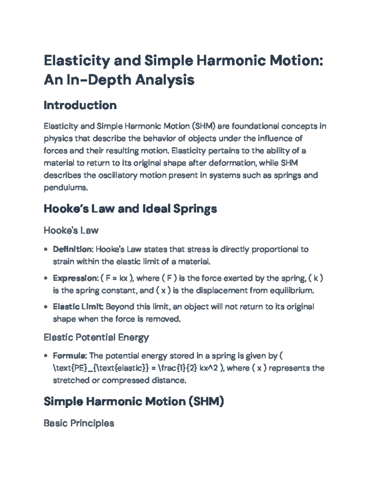 Elasticity and Simple Harmonic Motion: A Detailed Study for PHYS101 ...