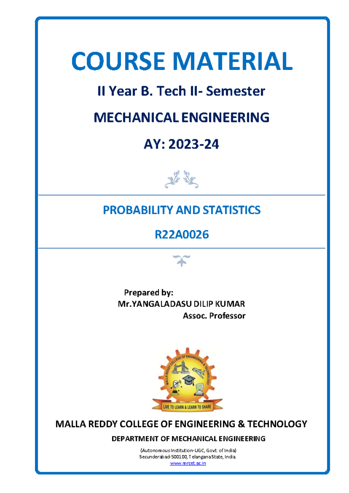 B. Tech II Year ME R22A0026 Probability and Statistics Course Material ...