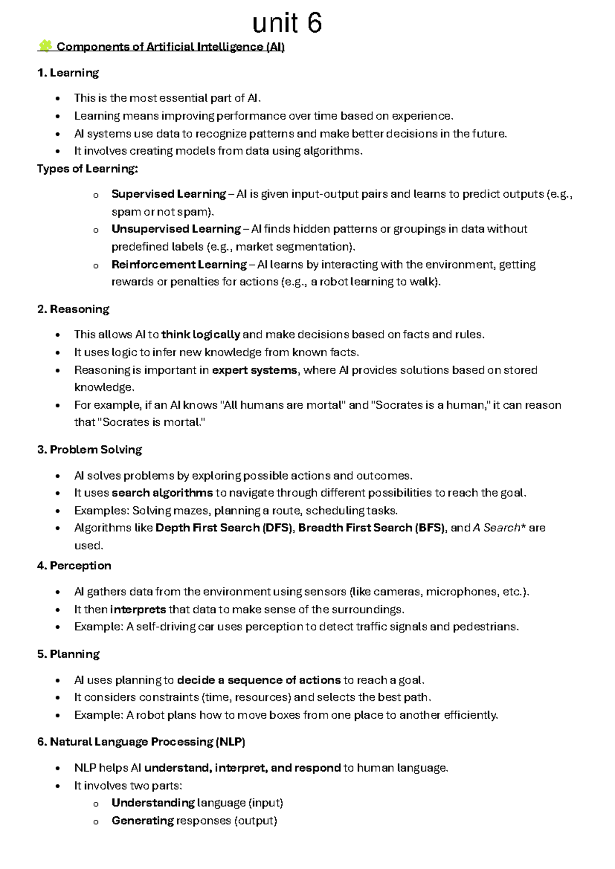 6th - AI Unit 6: Components & Planning in Artificial Intelligence Notes ...