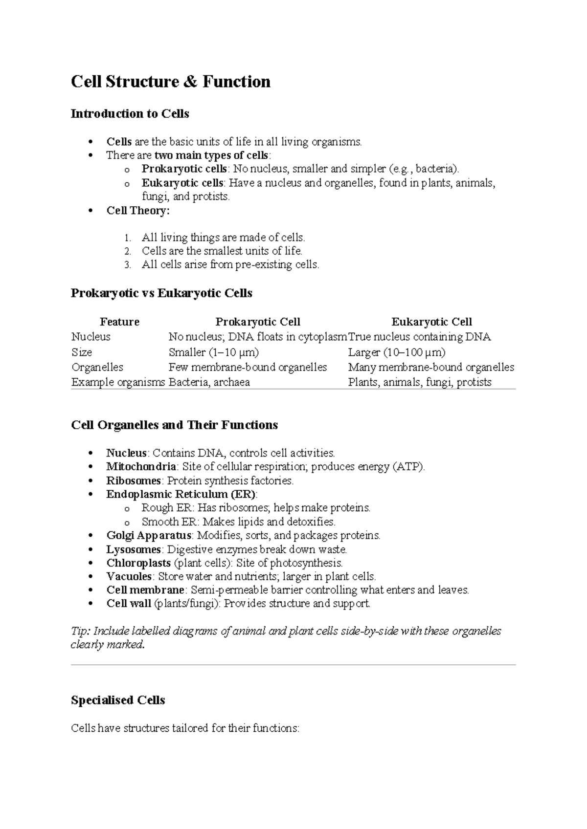 Cell structure and function pack 2 - Cell Structure & Function ...
