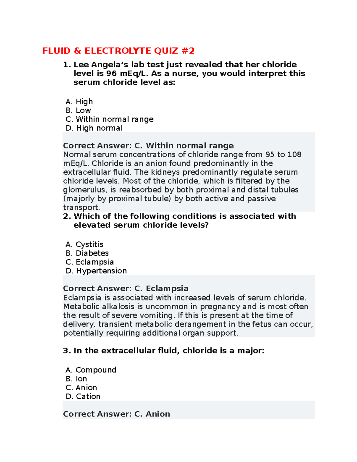 FLUID & ELECTROLYTE QUIZ 1 (Q2) - Key Concepts & Answers - Studocu