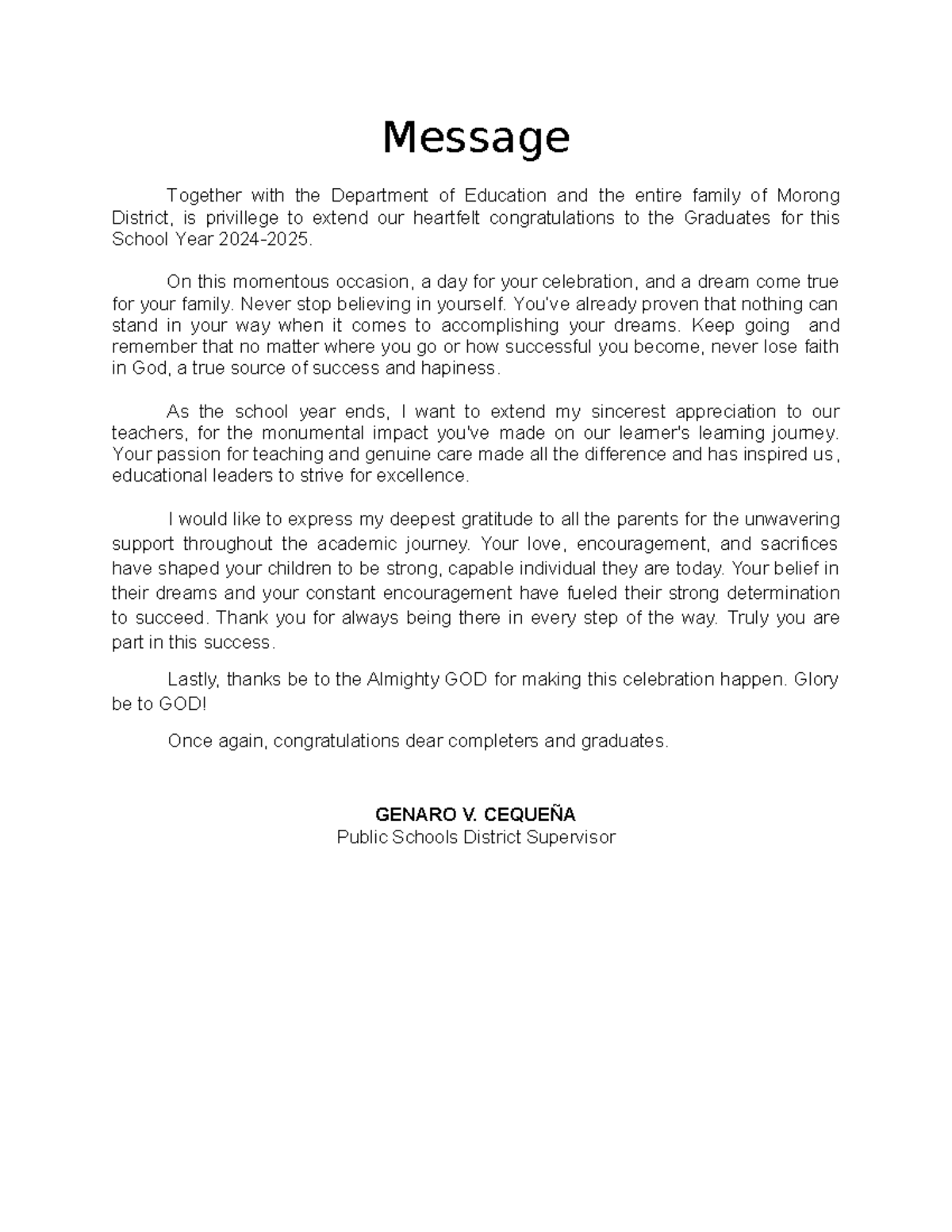 Graduation Message from the Department of Education - Morong District ...