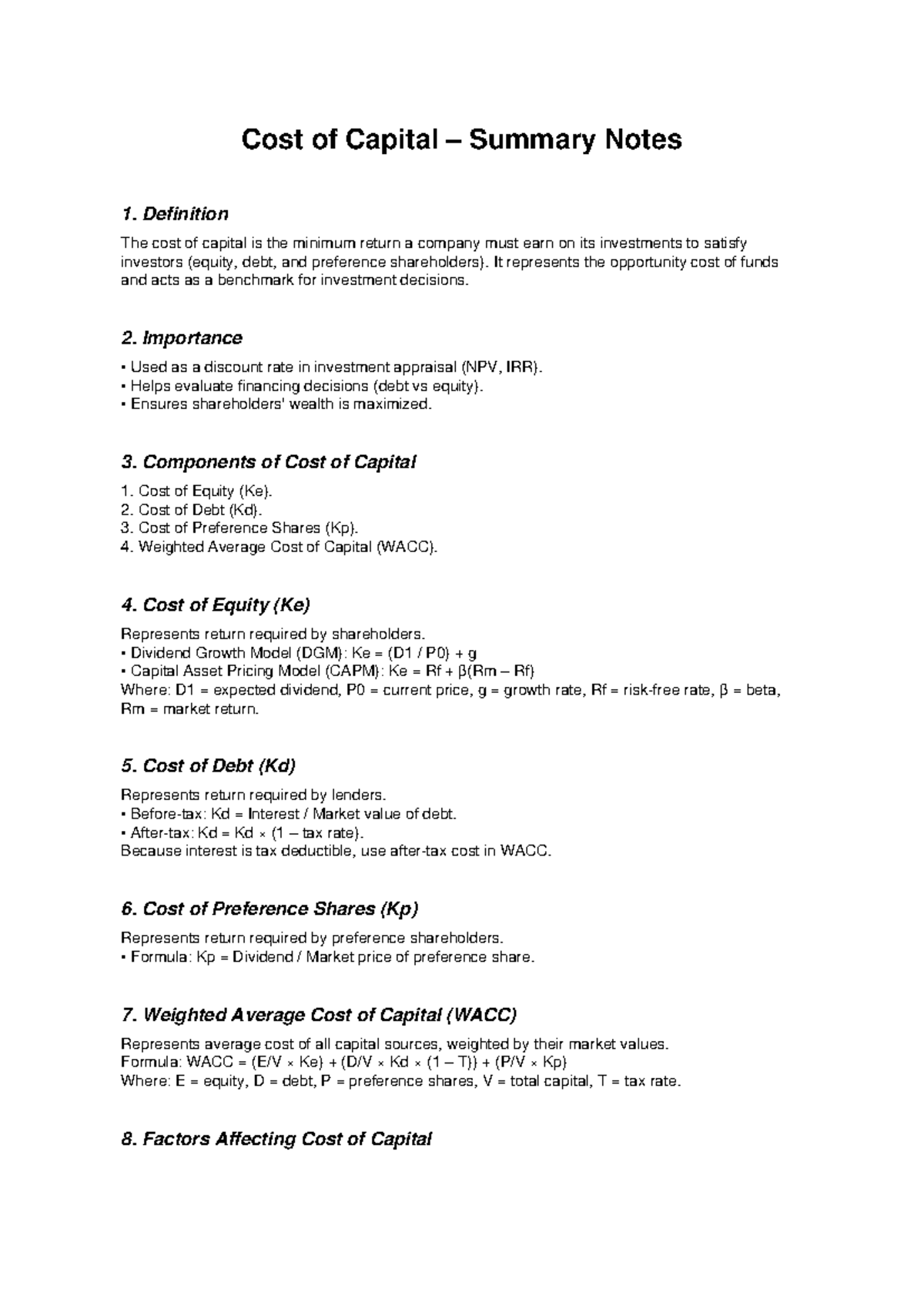 Cost of Capital Summary Notes: Key Concepts and Formulas - Studocu