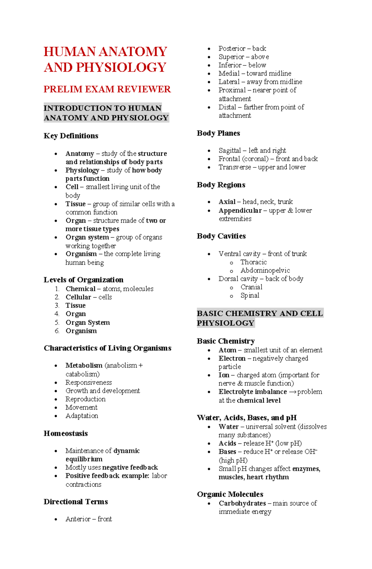 HUMAN ANATOMY & PHYSIOLOGY PRELIM EXAM REVIEWER - Studocu