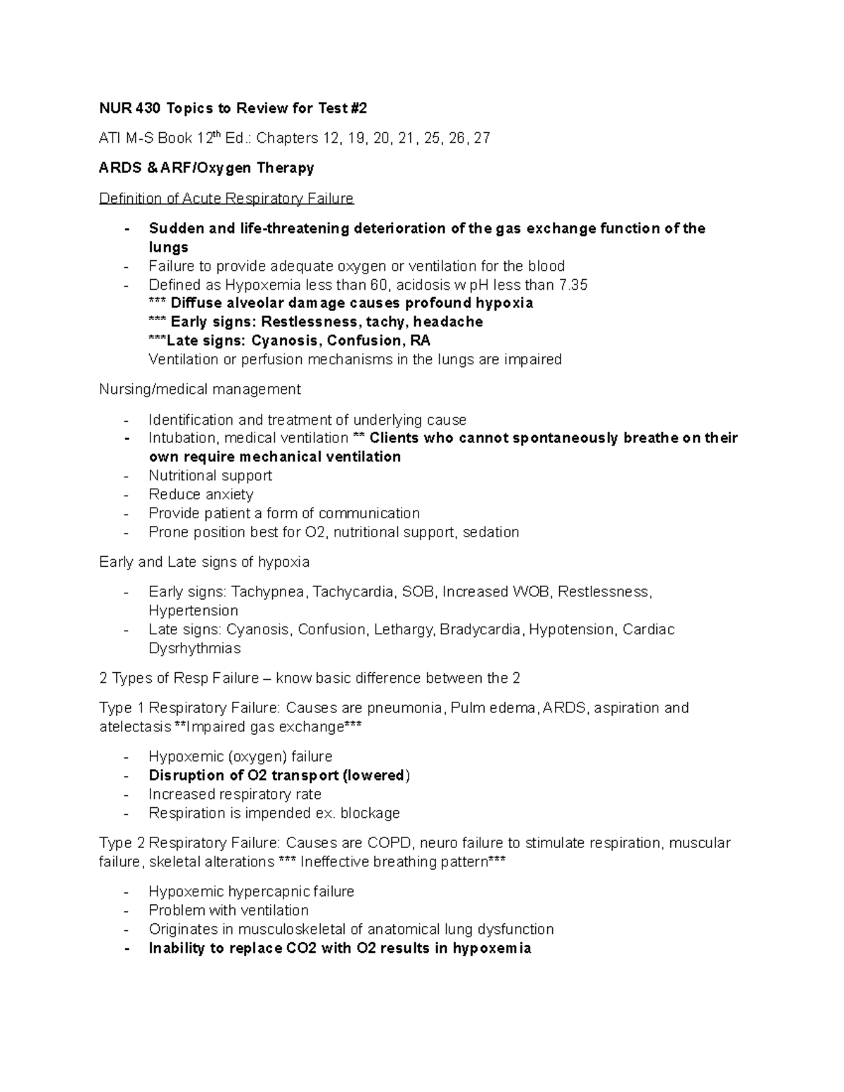 NUR 430 Critical Care Unit 2 Test Review: ARDS & Respiratory Failure ...