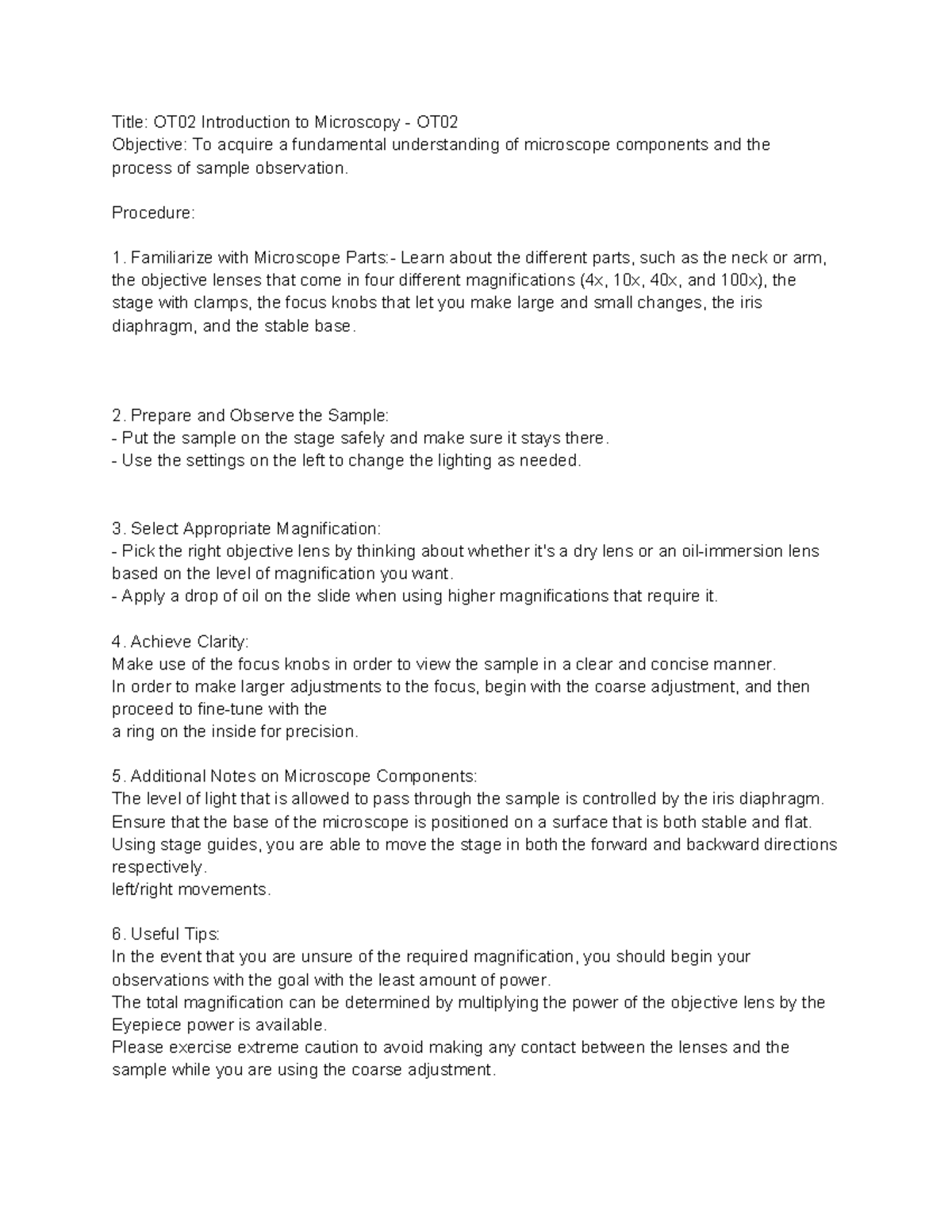 OT02 Lab 2 Notes: Introduction to Microscopy Techniques and Tips - Studocu
